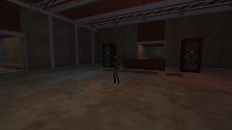 An industrial main floor with speakers, metal beams and a masked performer